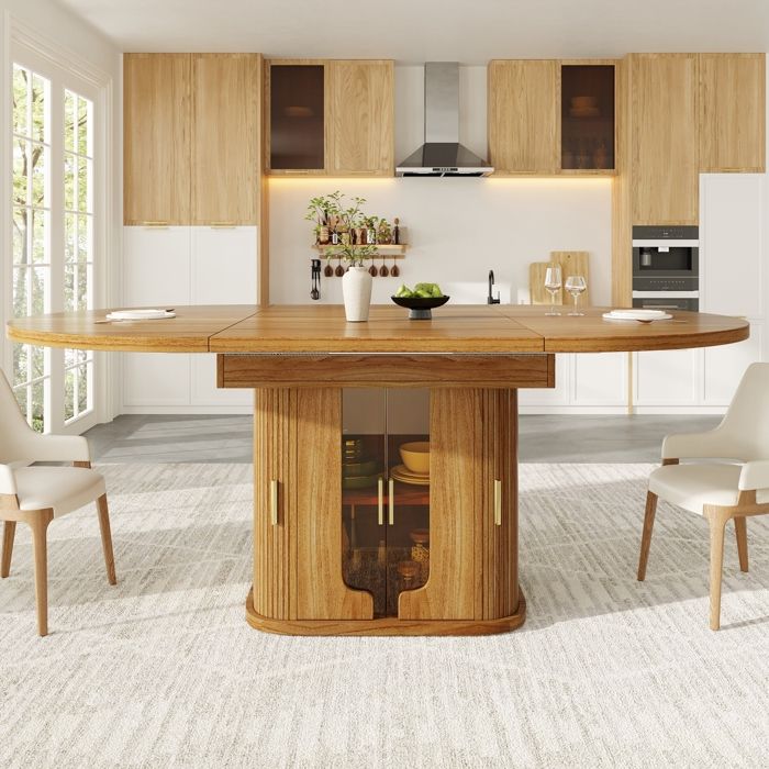 Table à Manger Extensible de Forme Ronde à Ovale Table Salle à Manger Table de Cuisine avec Portes en Verre 118-158×118×77cm Noyer