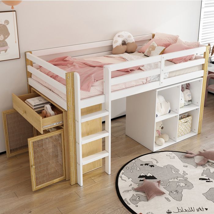 Lit mezzanine 90 x 200 cm enfant en bois massif avec rangements et échelle