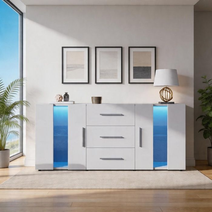 Buffet bas - WF299520WAA - Blanc aspect chêne - Éclairage LED USB - 140×35×70 cm