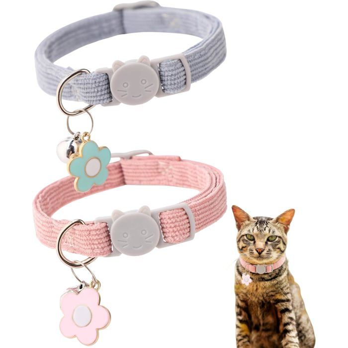 Lot de 2 colliers pour chats avec clochettes Colliers réglables en velours côtelé pour chatons avec clochettes amovibles