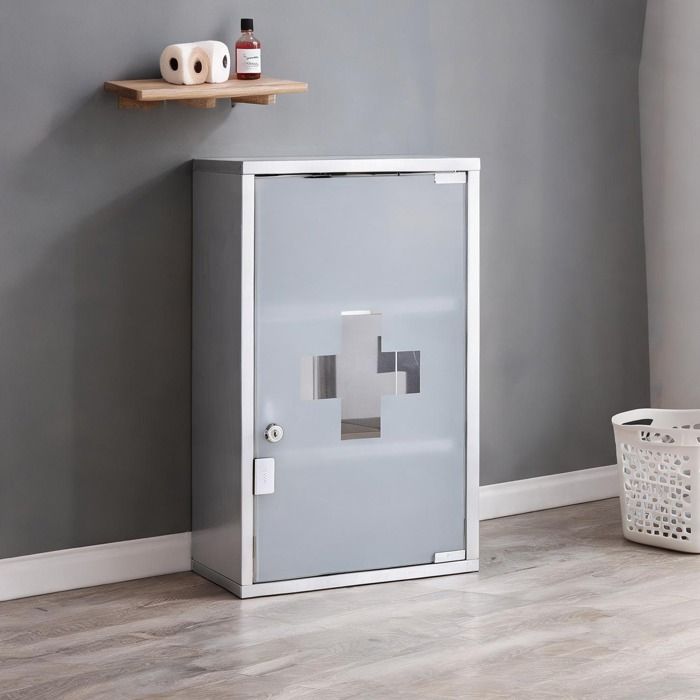 Armoire à pharmacie en acier inoxydable silver-tone avec serrure 30x18x50 cm pour salle de bain