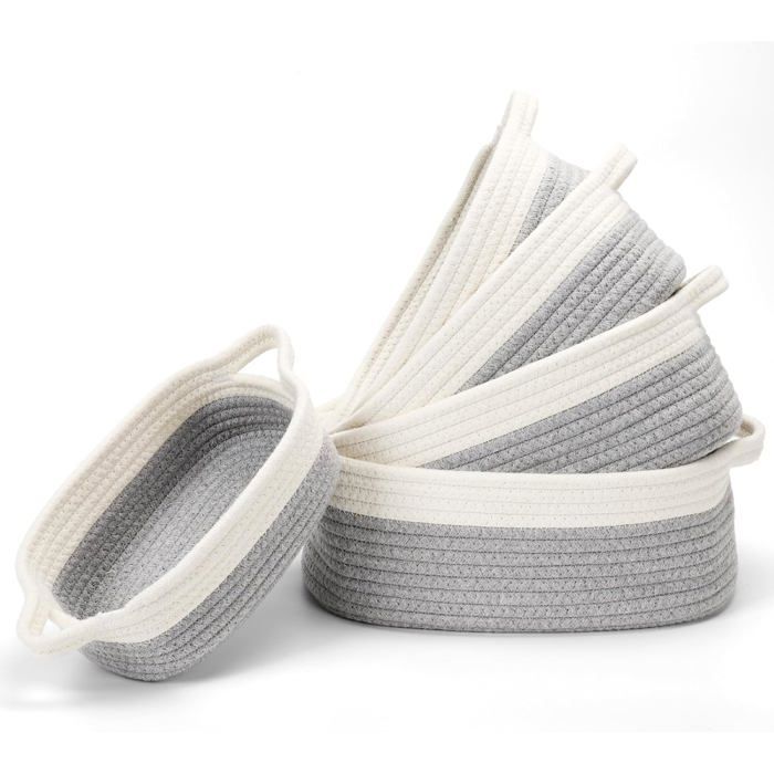 Panier rangement lot de 5 en corde de coton tissée. Idéal pour salle de bain cuisine table à langer bébé. Organisate - Blanc Gris