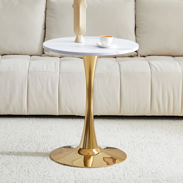 SENVIRO table d appoint ronde style Mid Century plateau blanc veiné pied central doré 60x72cm blanc or
