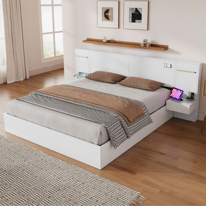 Lit double en bois 160 x 200 cm avec LED USB et Bluetooth avec 2 tables de chevet barre lumineuse de couleur et sommier à lattes