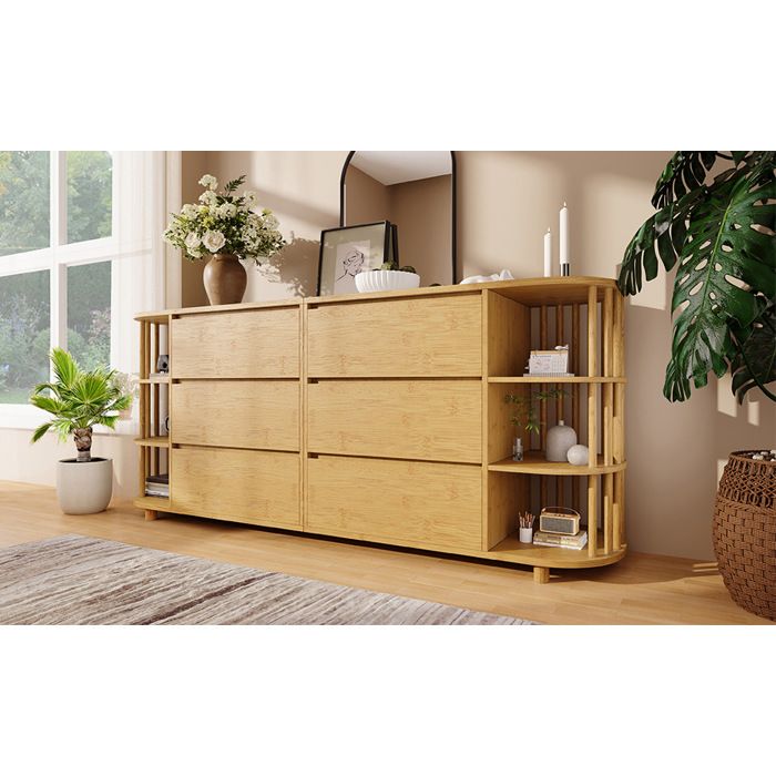Modenuit Buffet bas 160 cm en MDF et bambou 6 tiroirs étagères ouvertes latérales aspect chêne