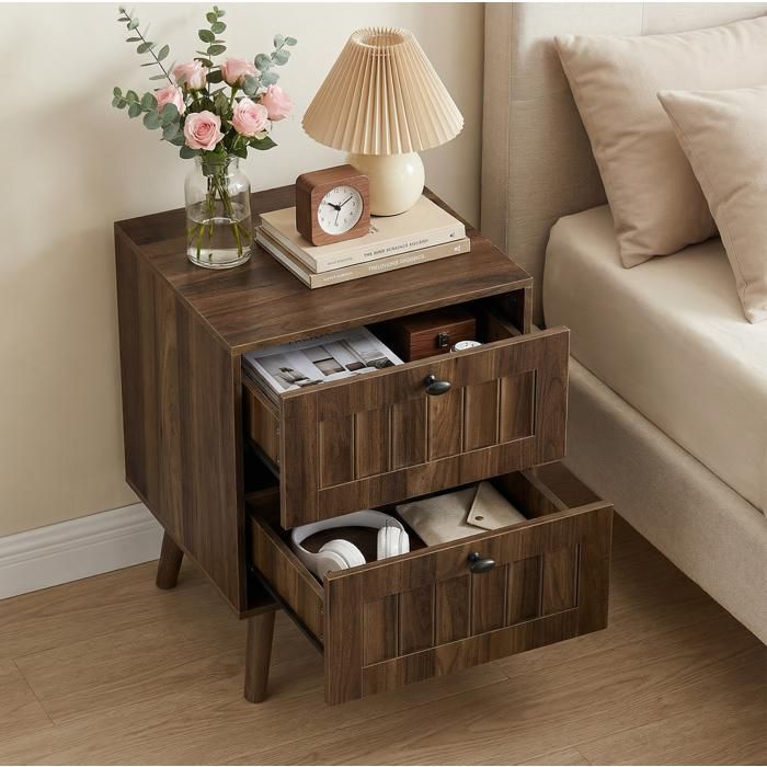 WOVREO Table de chevet 2 tiroirs 43 5 x 40 x 57 5 cm finition noyer pieds en bois massif