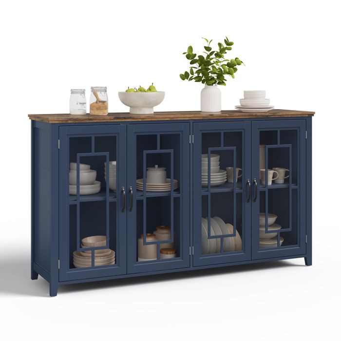 Grand Buffet de Cuisine de 160 cm avec Portes Vitrées - Buffet Bas Bleu de Rangement - Vaisselier Moderne pour Salle à Manger