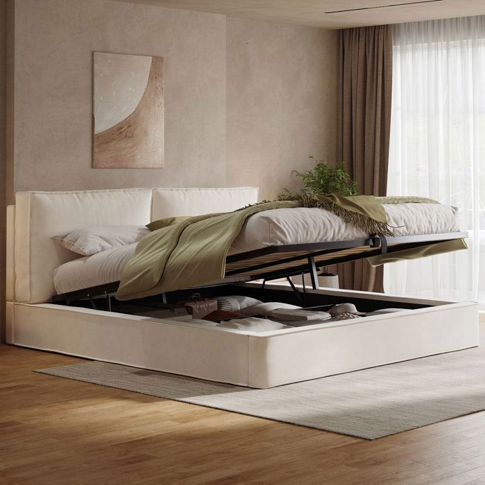 Lit coffre - SOGEU - 180x200 - Velours beige - Tête de lit 105 cm rembourrée - Coffre de rangement hydraulique