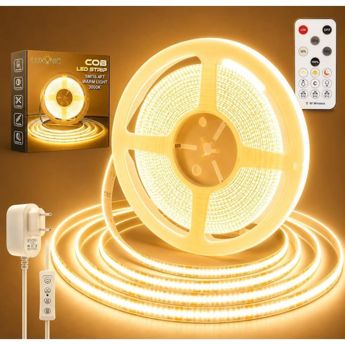 24V COB Bande LED 5MSuper Brighter Blanc Chaud 3000K CRI90+  8mmContinue Lumières LED dimmables avec télécommandepour le