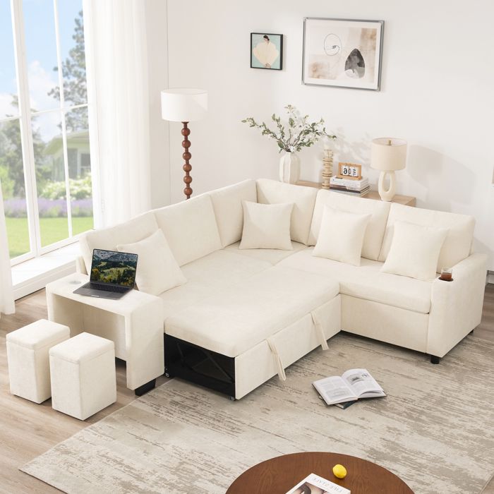 Canapé dangle convertible - ZEVKOR - Convertible réversible - 5 places - Coffre & USB/USB-C - Chenille beige