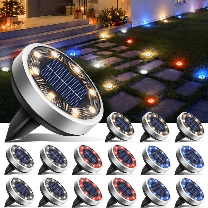 Lot de 16 Lampe Solaire Au Sol Jardin Exterieur Solaire Etanche pour Chemins Pelouse Terrasse Cour Rouge + Bleu + Blanc froid +
