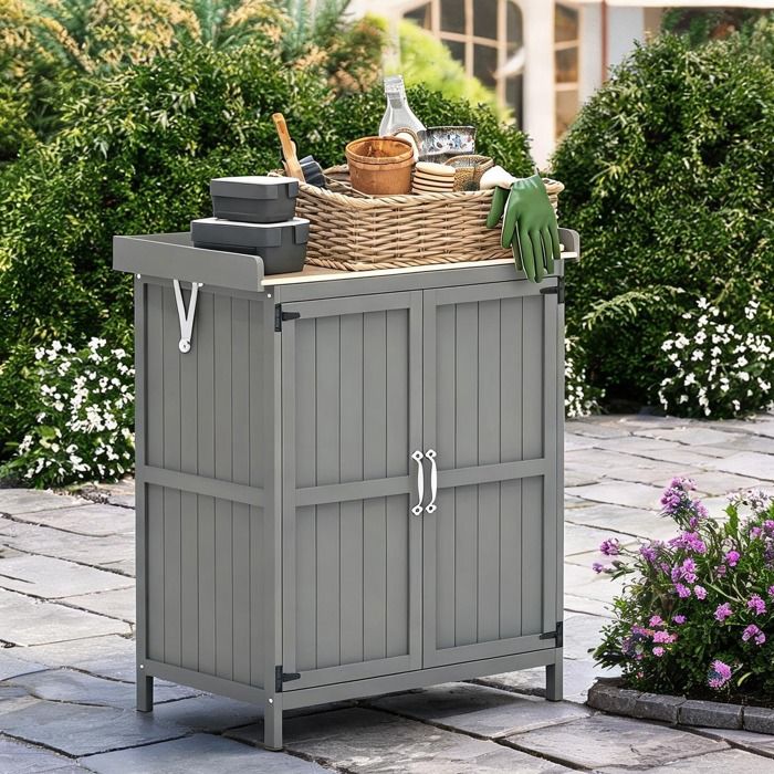 Coffre de jardin extérieur avec plan de travail double portes épicéa et acier inoxydable 74 x 43 x 88 cm