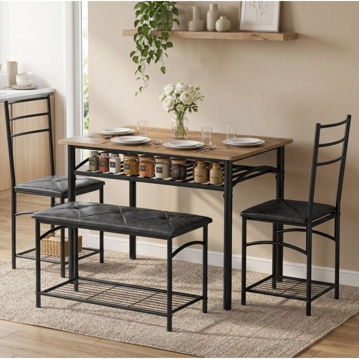Ensemble repas industriel 4 pièces avec table 100 x 60 cm 2 chaises et banquette brun rustique et noir