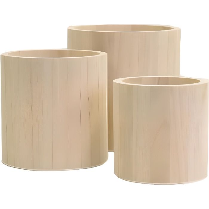 Set de 3 Pots Ronds - Cache Pot en Bois - ARTEMIO - Beige - Rond - Bois brut