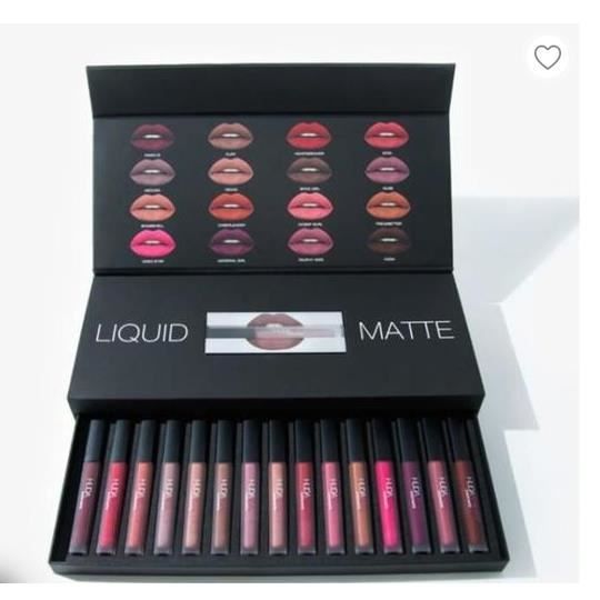 Huda Beauty Coffret De 16 Lipticks Matte 16 Couleurs Rouge à Lèvres Mat Boîte Cadeau Pour Noël