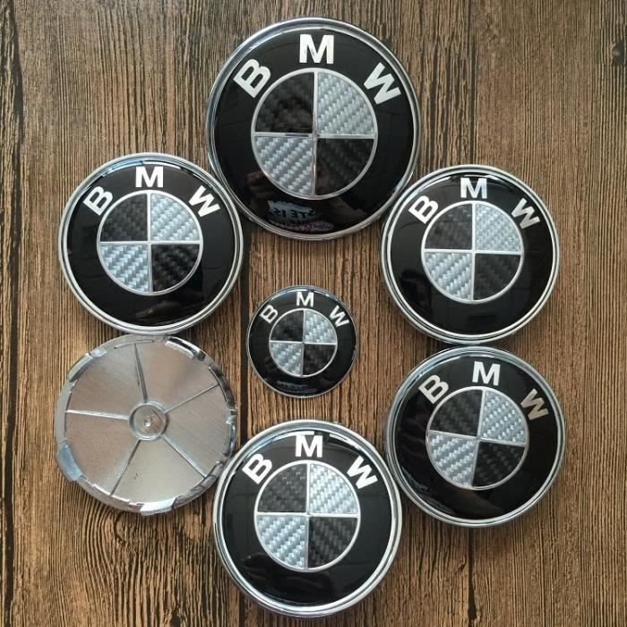 KIT 7 Badge LOGO Embleme BMW Carbone Noir Gris Capot 82mm + Coffre 74mm +Volant + 4 centre de roue