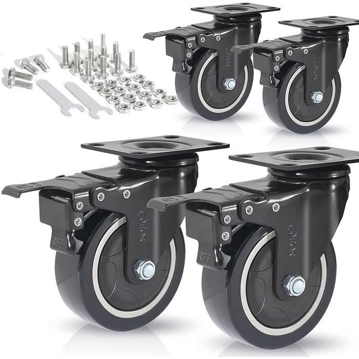 Lot De 4 Roulettes Pivotantes Robustes 1.5 Pouces Avec Freins – Charge 100 Kg, Pour Chariot Industriel, Meubles, Équipement Médical Et Atelier
