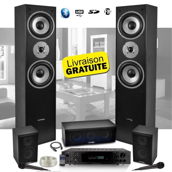 Ensemble 5 enceintes E1004 Noire Hifi / Home-Cinéma 850W LTC + Ampli ATM8000 Karaoke 2 Micros - USB/BT/FM / 4 x75W + 3 x20W