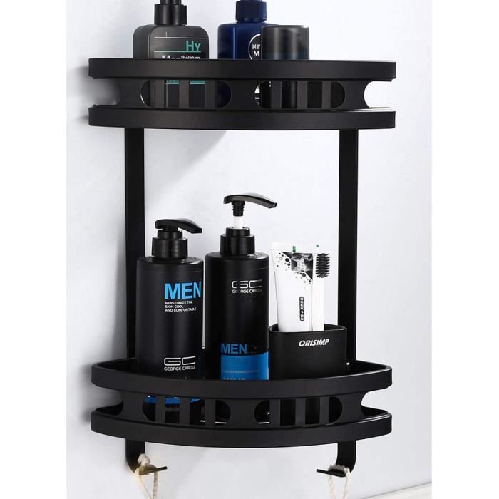 Étagère D'angle De Douche Sans Perçage - 2 Plateaux + Crochets - Aluminium Anodisé Noir - Capacité 10kg
