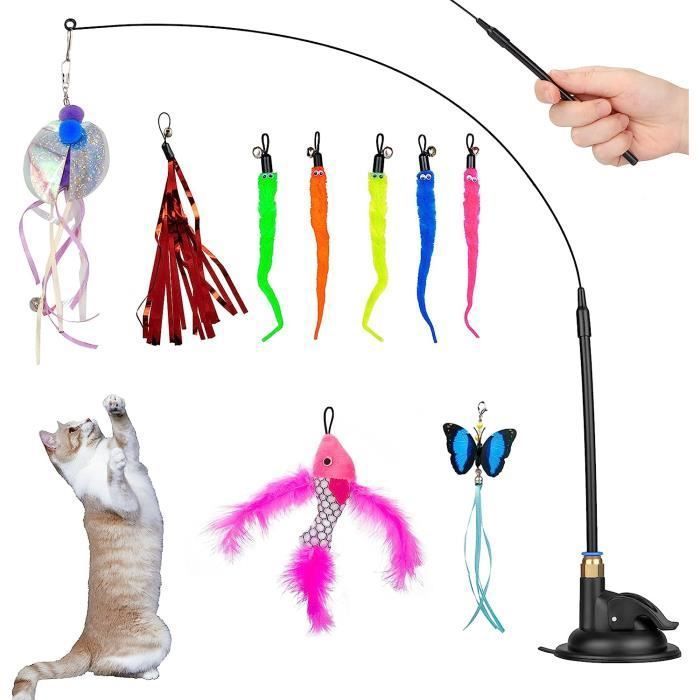 Comparer les prix de Jouets pour chat Ensemble de 10 pièces Plume de poisson volant Chat Teaser Stick Remplacement Bandeau Cloche