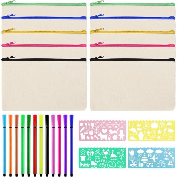 Rangement En Tissu Trousse,10PCS Tissu Zippée Trousse,DIY Vierge Toile Trousse,Sacs à Glissière