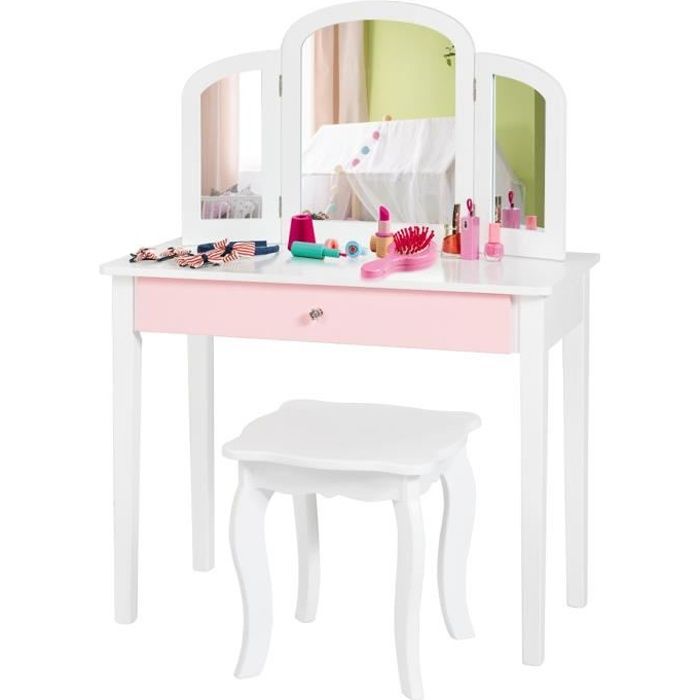 costway coiffeuse pour enfants 2 en 1 avec miroir amovible et pliable, 1 grand tiroir style princesse blanc