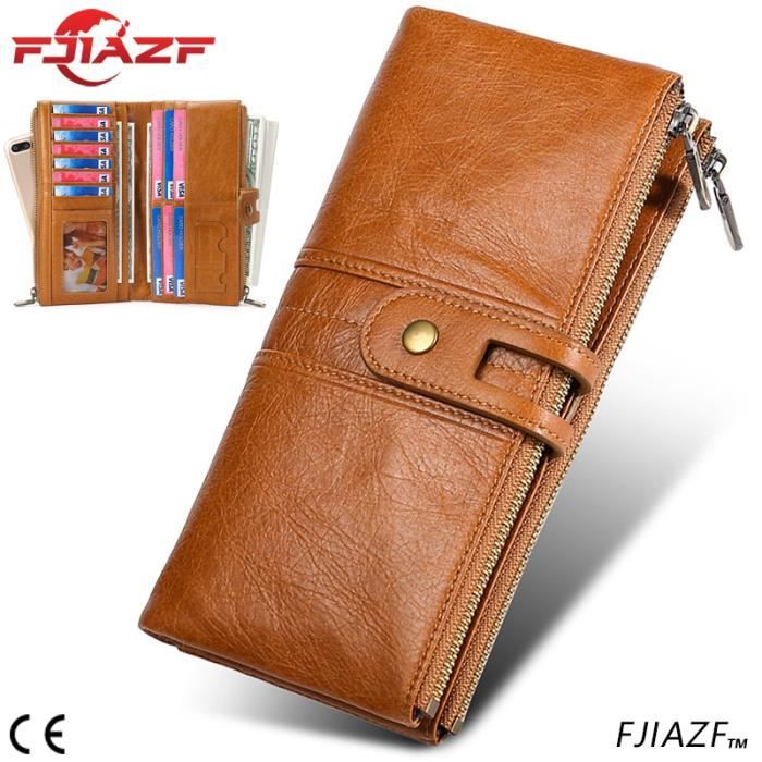 FJIAZF® Portefeuille en cuir de vachette vintage pour femme - Portefeuille  long en cuir véritable à double fermeture éclair - Marron Marron Marron -  Cdiscount Bagagerie - Maroquinerie