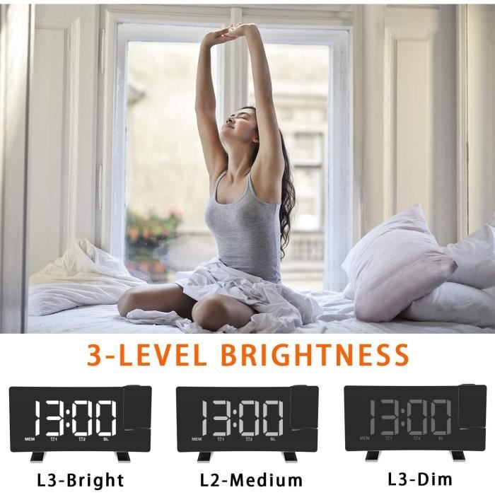 Réveil à Projection Bewinner - Affichage LED, Projecteur Au Plafond, Température, 5 Alarmes, Commande Vocale - Pour Chambre
