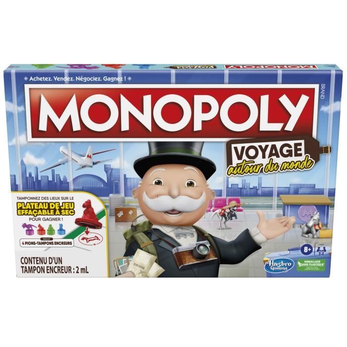 Monopoly Voyage autour du monde jeu de societe dès 8 ans avec pions-tampons encreurs et plateau effaçable à sec