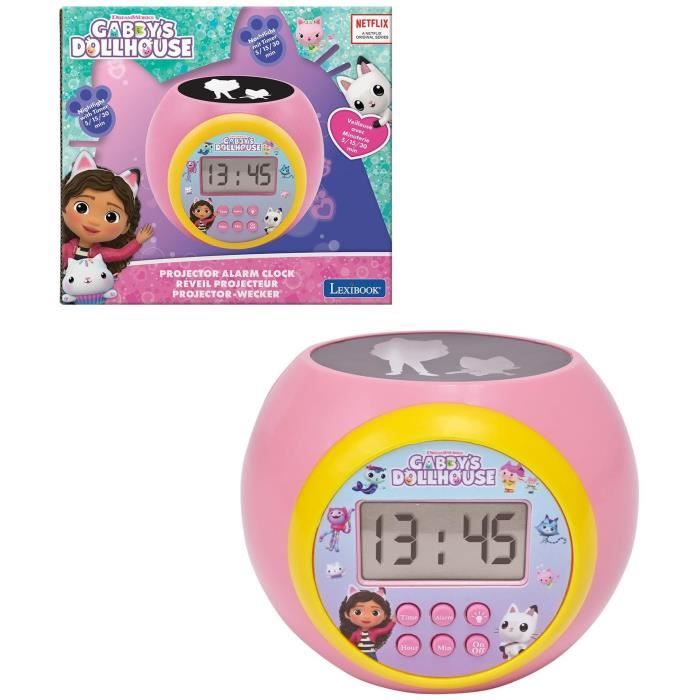 Lexibook - Réveil-projecteur Gabby - Fonction Alarme et répétition Snooz - Veilleuse avec minuterie - Ecran LCD - Piles