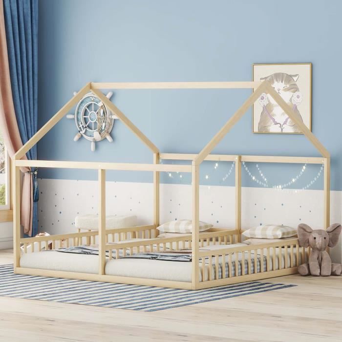MODERNLUXE Lit cabane 2x90x200cm lit enfant avec toit cadre en bois de pin sommier à lattes naturel MODERNLUXE Lit cabane 2x90x200cm lit enfant avec toit cadre en bois de pin sommier à lattes naturel
