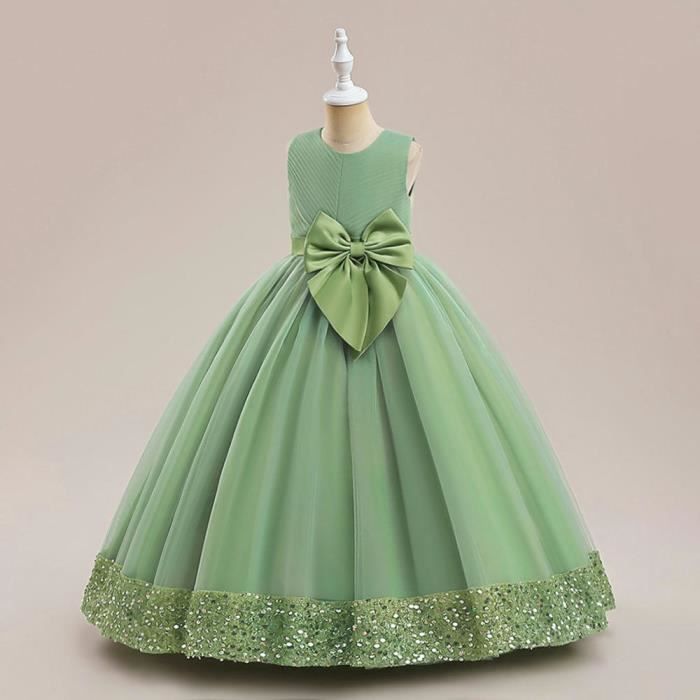 Robe de Princesse Cérémonie Fille Longue Paillette Sans Manches Robe  Mariage Tulle Avec Ceinture Noeud Papillon Vert Clair