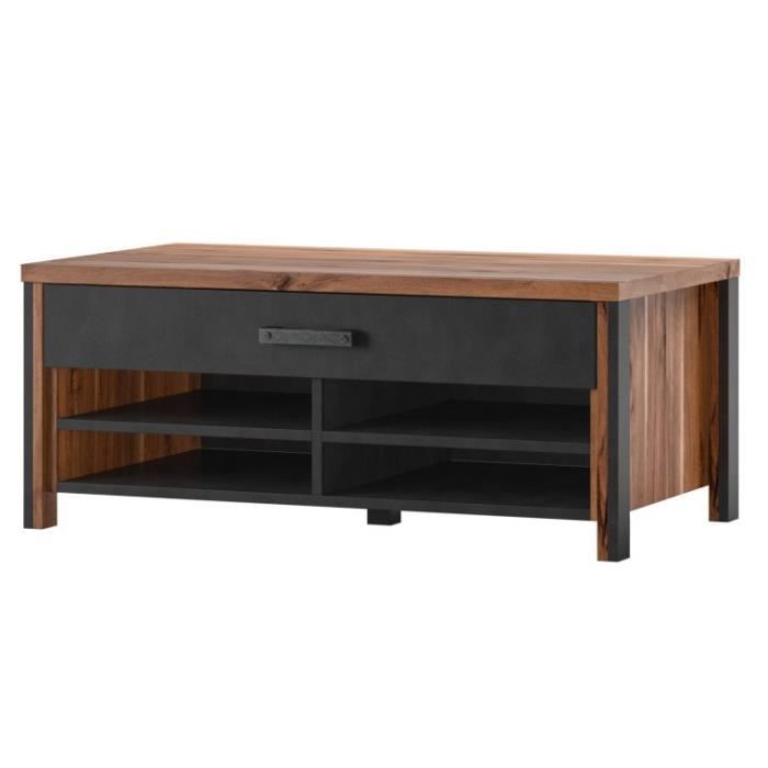 Table basse design collection WINDSOR avec tiroir et niches. Coloris chêne foncé et gris anthracite. 60 Marron Table basse design collection WINDSOR avec tiroir et niches. Coloris chêne foncé et gris anthracite. 60 Marron