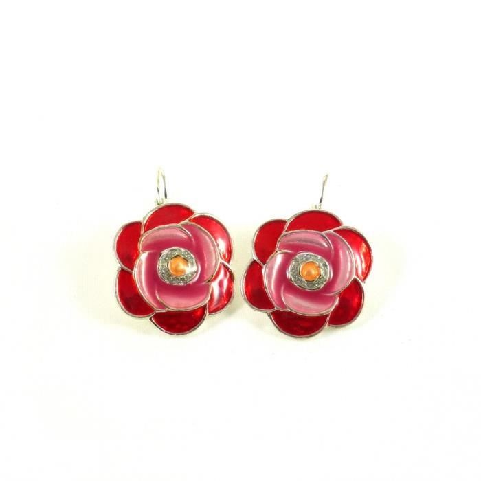 Boucles D'oreilles Vintage Dormeuses - Forme Navette Rouge Vif Sur Fond Or - Modèle 5072
