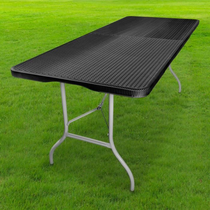 table pliante effet rotin 180 cm d'appoint rectangulaire noire - table de camping 8 personnes l180 x l74 x h74cm en hdpe