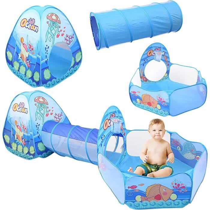 LittleTom Tente De Jeux à Boules Avec Tunnel – 100x100x90 Cm, Dôme Pop-Up, 2 Entrées, Dès 1 An, Bleu