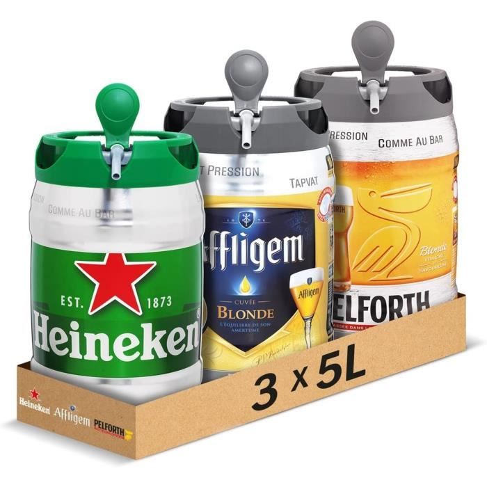 Heineken, Affligem, Pelforth Pack de 3 Fûts 5L Bières Blondes 6,7°et 5,8° Compatible