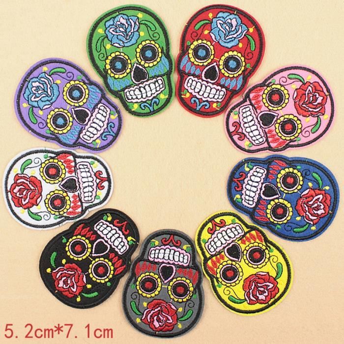 Ecusson Brodé Patch Thermocollant Rose Tête De Mort Mexicaine Fleur 7 Cm - Un Grand Marché