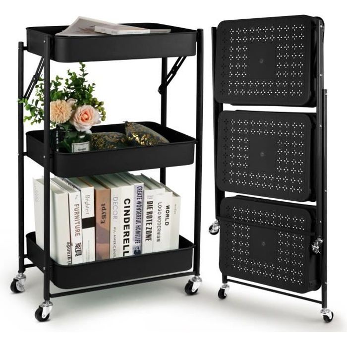 Todeco Chariot de Service Desserte Pliable Chariot de Cuisine à 3 Niveaux avec Roulettes 46*29.5*78.5 cm pour Bureau Vestiaire Todeco Chariot de Service Desserte Pliable Chariot de Cuisine à 3 Niveaux avec Roulettes 46*29.5*78.5 cm pour Bureau Vestiaire