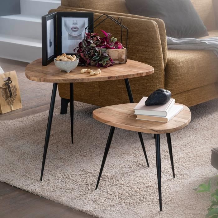 tables wohnling - lot de 2 - table d'appoint en bois et métal - marron - salon - classique - intemporel