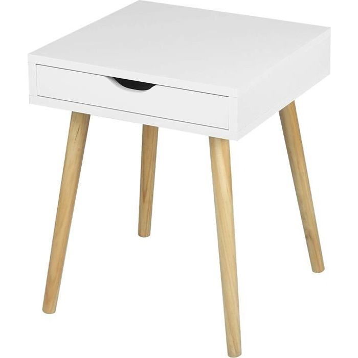 table de chevet moderne woltu - blanc - avec tiroir - aggloméré et bois de pin