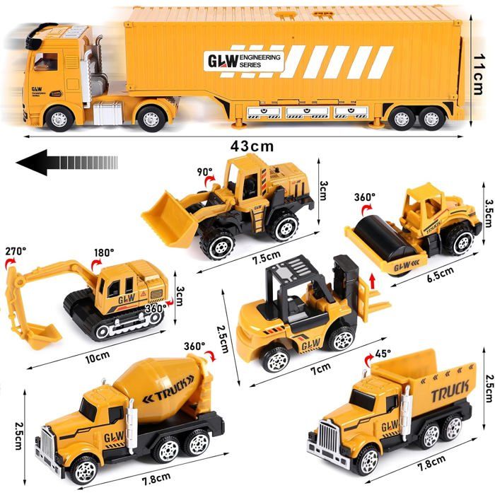 Camion Chantier Jouet Avec Grue, Bulldozer, Rouleau Et Chariot – Son Et Lumière – Cadeau 3-7 Ans