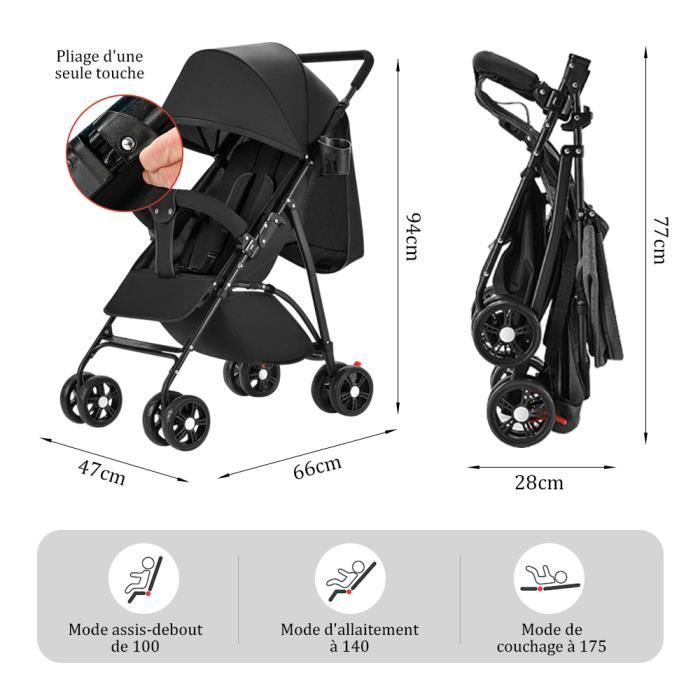 Poussette bebe Compacte 0 a 15 kg Ultra Legere Inclinable avec Position Sommeil Pliable Grand Auvent Noir Cdiscount Puericulture Eveil bebe