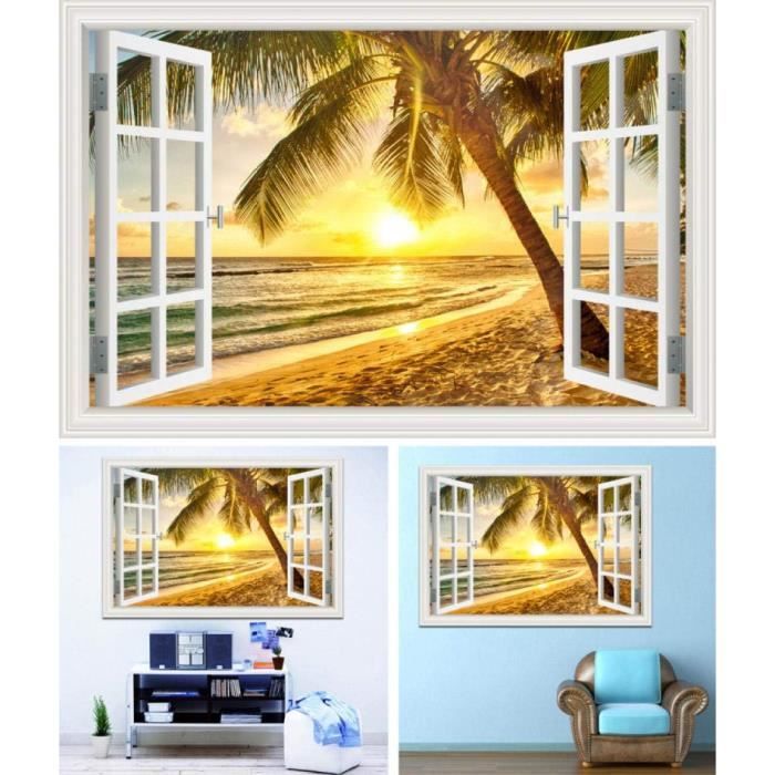 Stickers adhésifs Effet 3D | Sticker Autocollant Bungalows sur île  tropicale - Décoration murale trompe l'œil Chambre et Salon - 60 x 90 cm