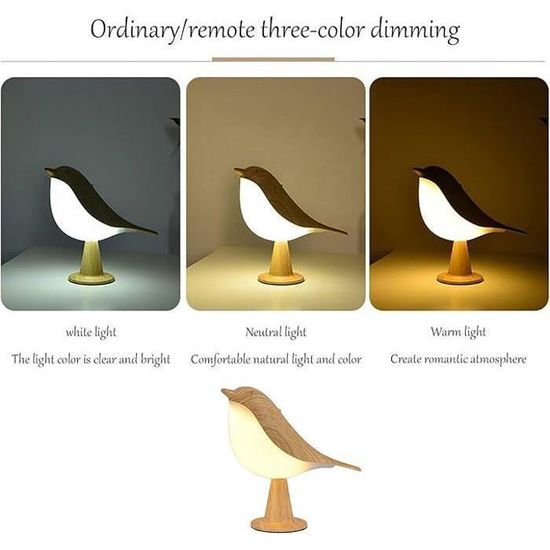 Lampe De Chevet Oiseau - Sans Fil, Rechar­ge­able 1800 MAh | 3 Tem­pé­ra­tures Cou­leur + Diffu­seur Arômes | Télécom­mande