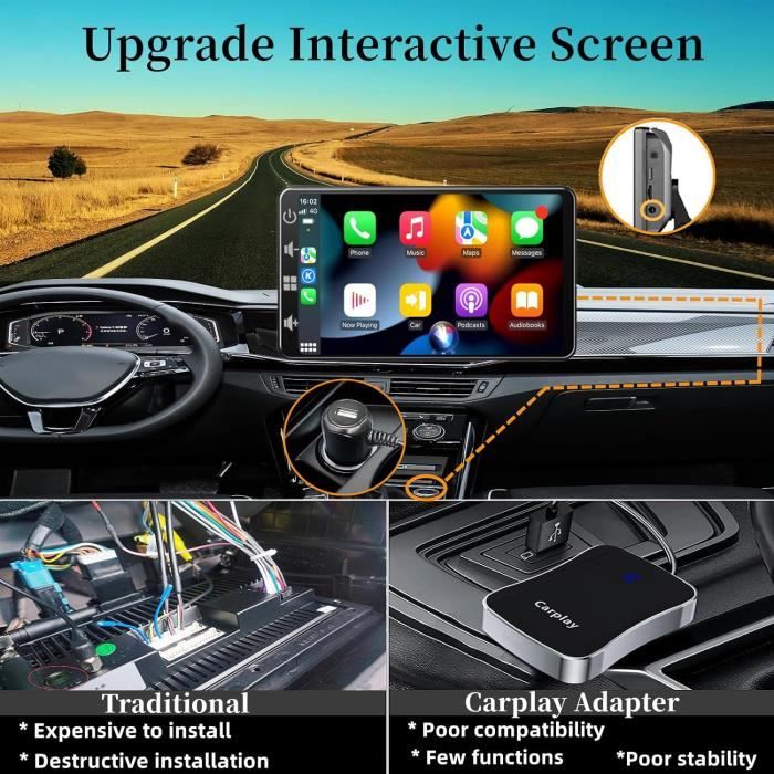 Écran Portable CarPlay & Android Auto 9 Pouces - Sans Fil, Tactile, Avec Assistant Vocal - Compatible Avec La Plupart Des Voitures