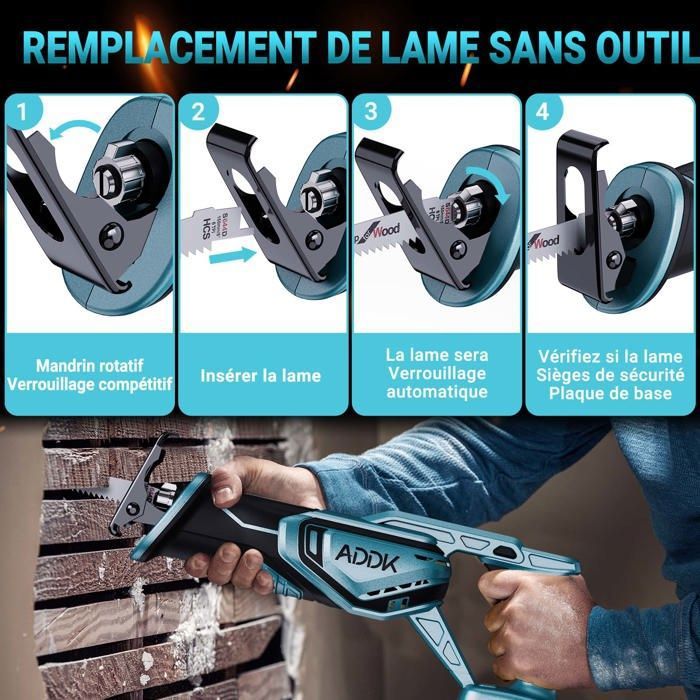 Scie Sabre Sans Fil 21V - 900W Avec 4 Lames - Coupe Bois/Métal - Batterie 1500mAh