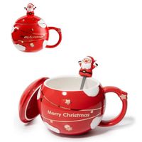 400ml Tasse Rouge en Céramique avec Cuillère et Couvercle, Tasse à Café, Chocolat chaud, Lait de poule pour enfants,Cadeau de Noël