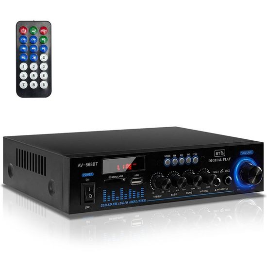 Amplificateur HiFi 1000W Bluetooth 5.0 - Ampli Stéréo 2 Canaux RMS 60W X2 Avec Contrôle Basses/Aigus, USB/SD/FM, 12V/220V Et Télécommande