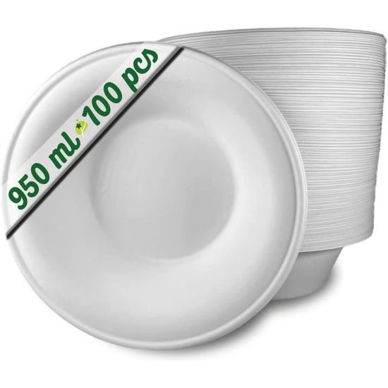 100 Bols Jetables Canne à Sucre 500 Ml - Vaisselle Biodégradable Blanche Éco-Responsable GoBeTree